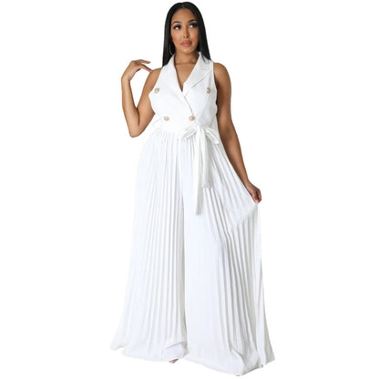 European And American Spring And Summer V-neck Sleeveless Backless Temperament Street Pleated Wide Leg Jumpsuit