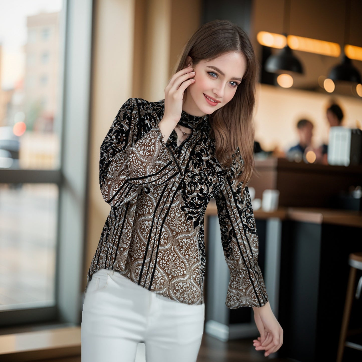 Irregular Long Sleeve Floral Flocking Shirt For Women