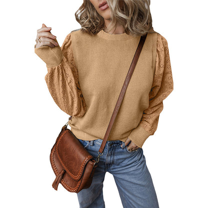 Textured Patchwork Round Neck Long Sleeve Top