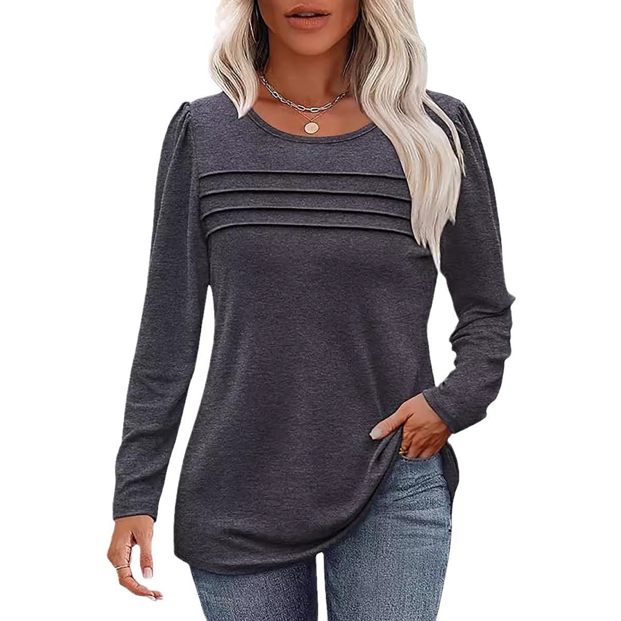 Women's Loose Round Neck Pleated Long-sleeved T-shirt