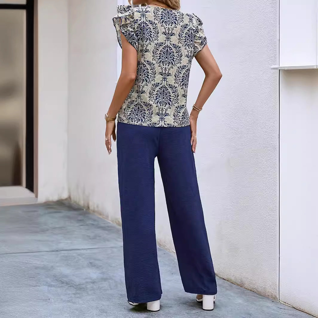 Fashionable Temperament V-neck Floral Top Belt Wide Leg Pants Suit