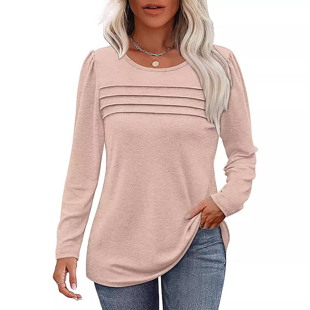 Women's Loose Round Neck Pleated Long-sleeved T-shirt