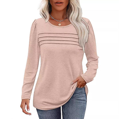 Women's Loose Round Neck Pleated Long-sleeved T-shirt