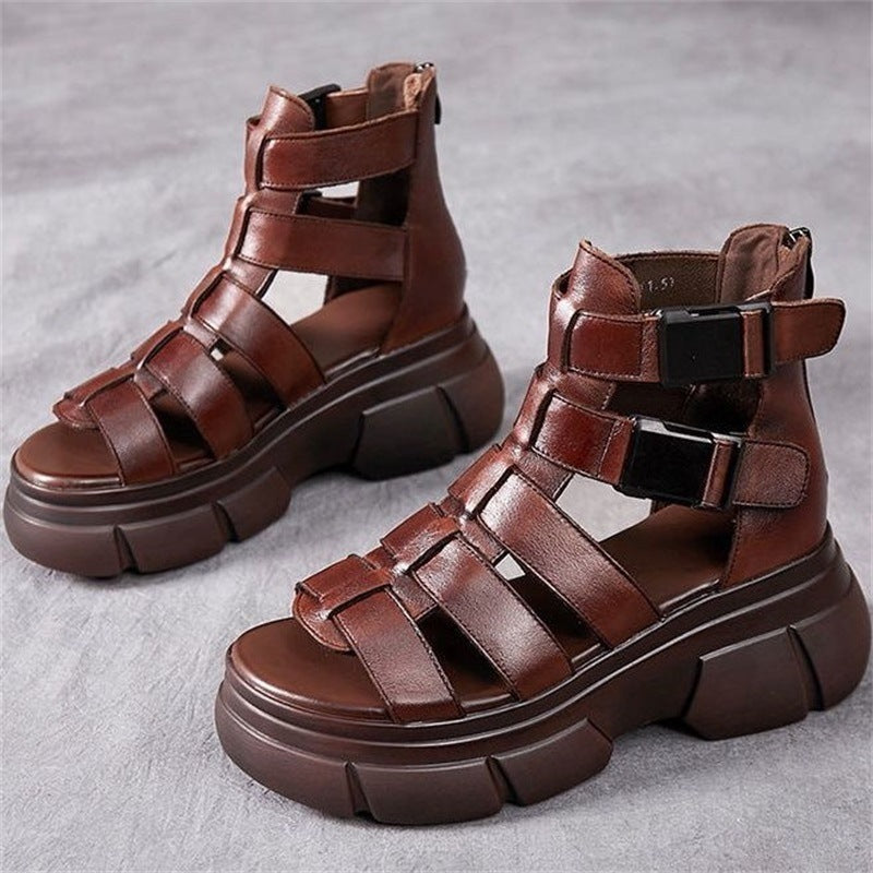 Female Leather Hollow-out Platform Retro Stylish Women's Sandals