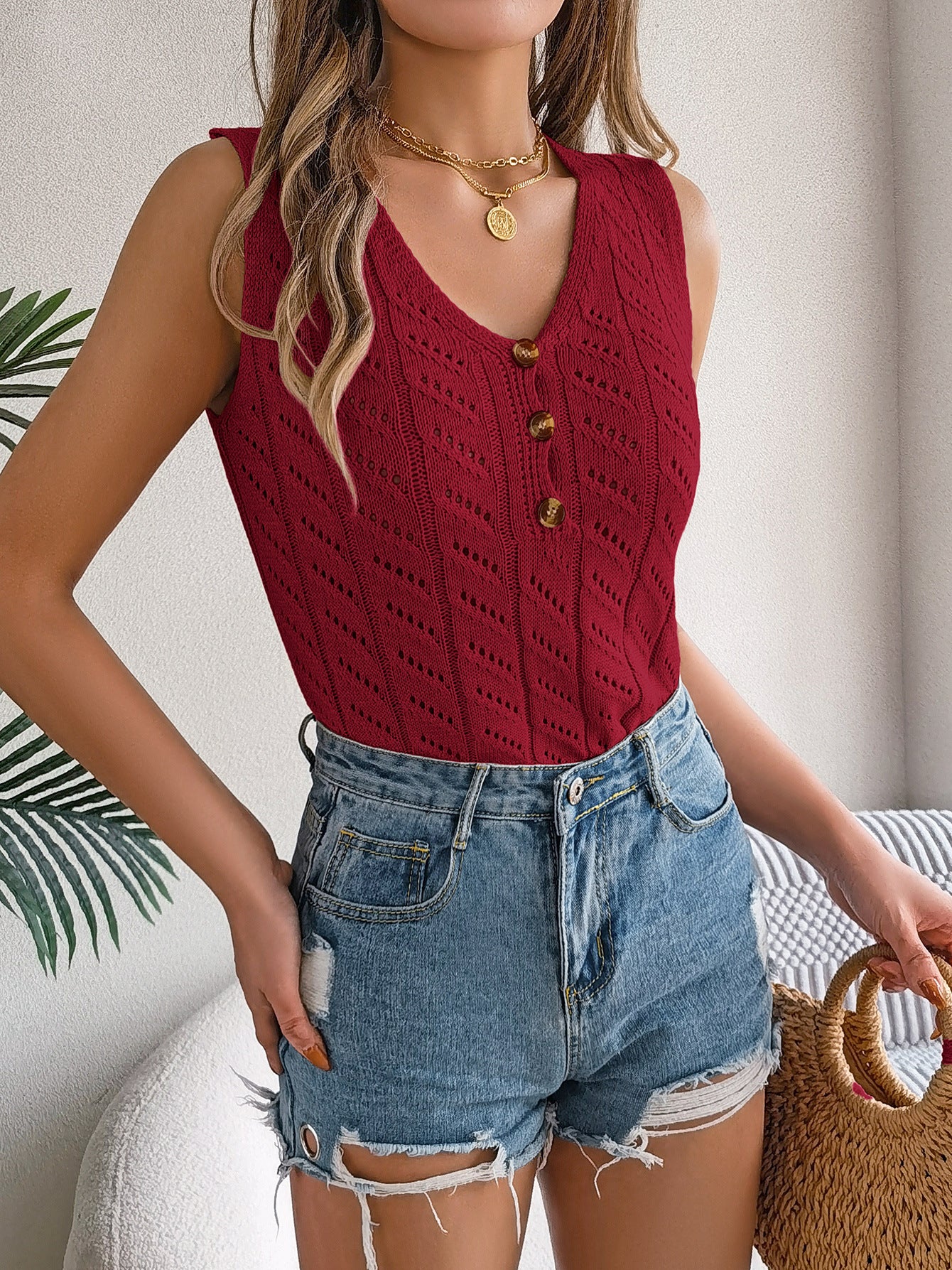 Solid Color Buttons V-neck Hollow Sleeveless Top Holiday Sweater