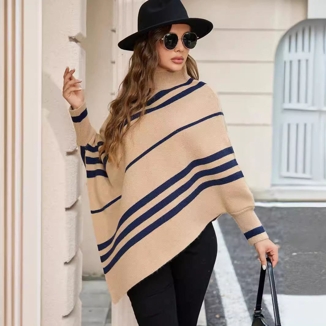 Half Turtleneck Pullover Sweater Striped Batwing Sleeve Shawl