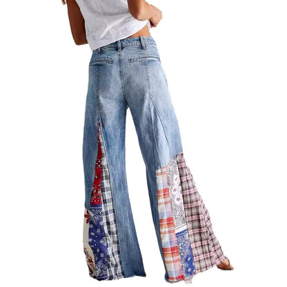 Retro Denim Stitching Button High Waist Wide Leg Jeans