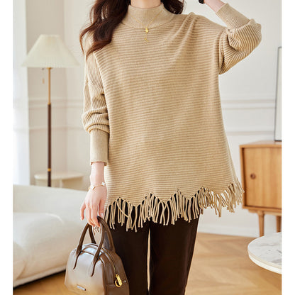 Mid-length Tassel Cape Sweater Half Turtleneck Autumn Winter Sweater