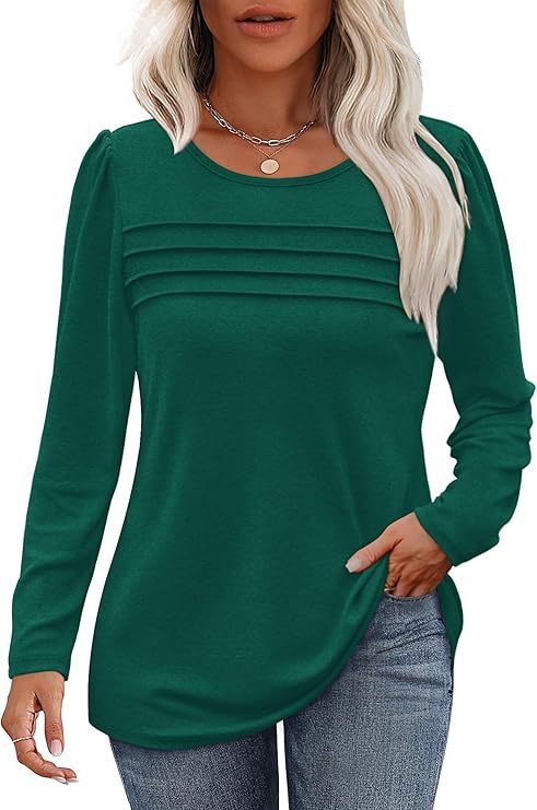 Women's Loose Round Neck Pleated Long-sleeved T-shirt