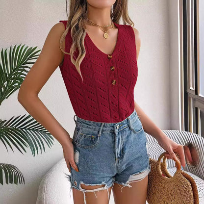 Solid Color Buttons V-neck Hollow Sleeveless Top Holiday Sweater