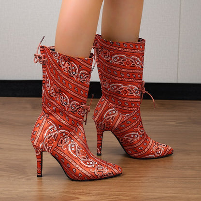 Plus Size Pointed Print High Heel Fashion Boots Women