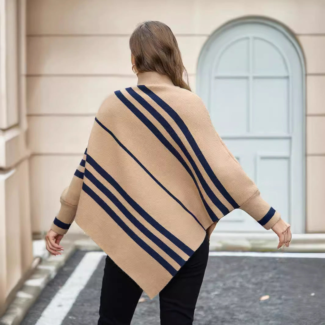 Half Turtleneck Pullover Sweater Striped Batwing Sleeve Shawl