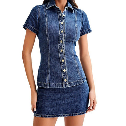 European And American Denim Lapel Short Sleeve Slim Top Sheath Skirt Outfit