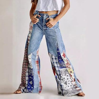 Retro Denim Stitching Button High Waist Wide Leg Jeans