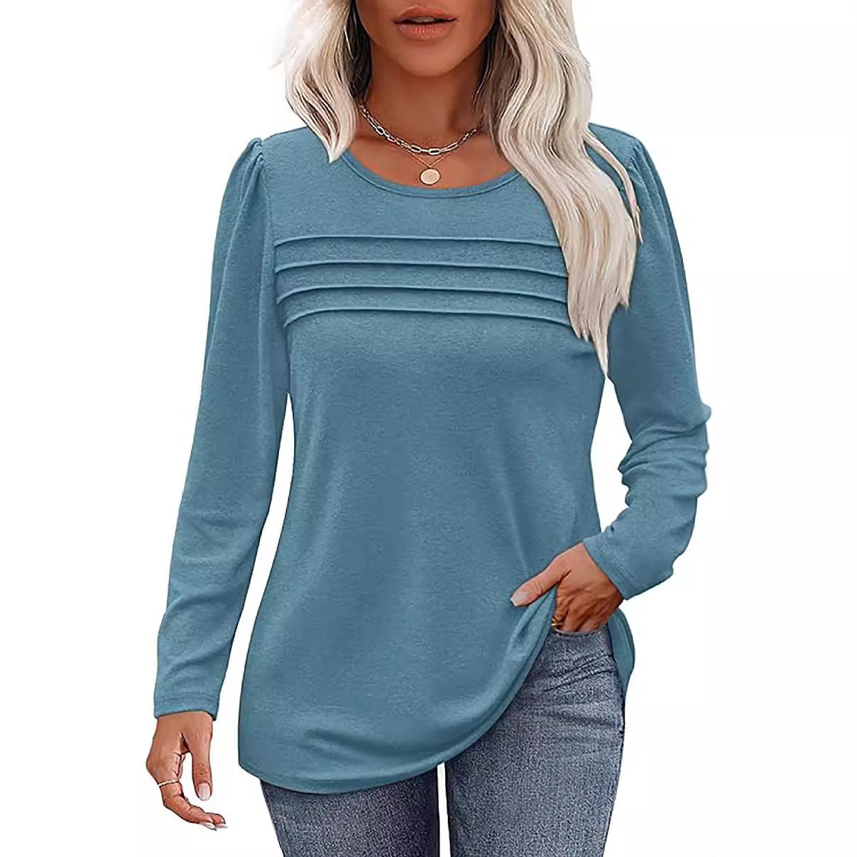 Women's Loose Round Neck Pleated Long-sleeved T-shirt