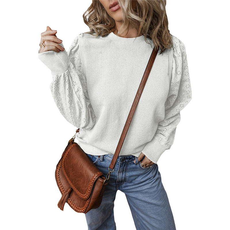 Textured Patchwork Round Neck Long Sleeve Top