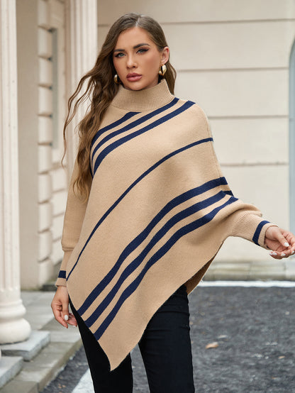 Half Turtleneck Pullover Sweater Striped Batwing Sleeve Shawl