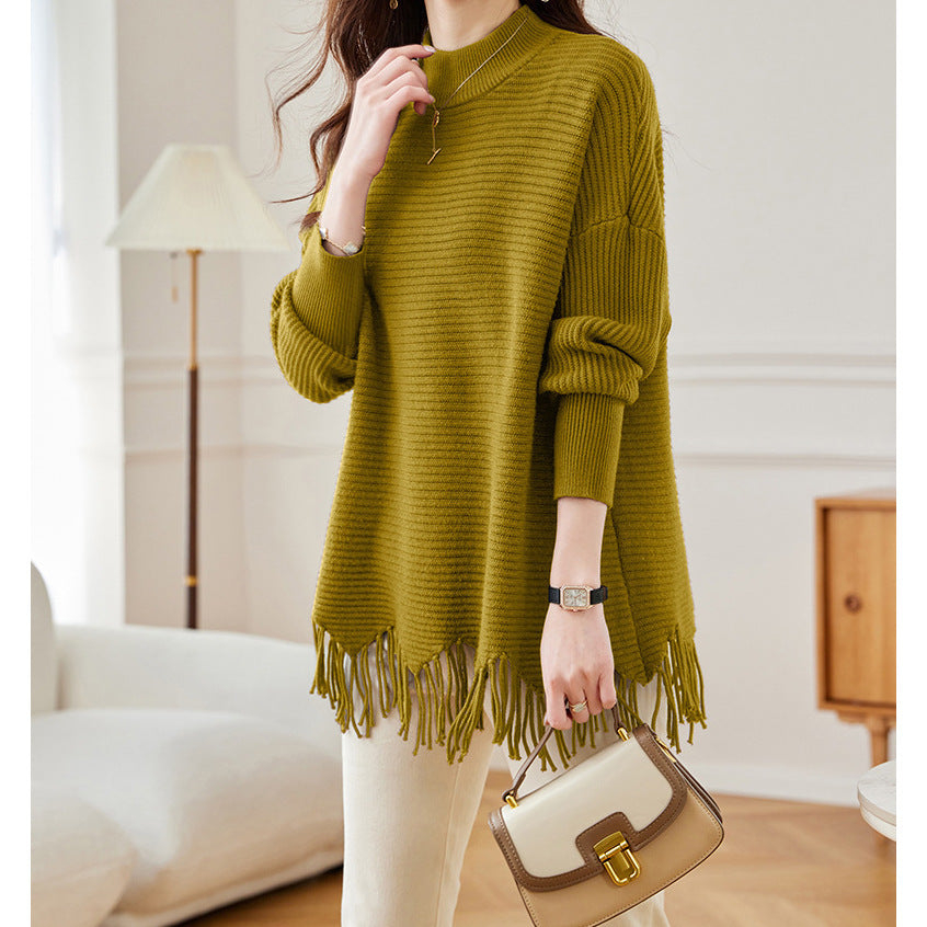 Mid-length Tassel Cape Sweater Half Turtleneck Autumn Winter Sweater