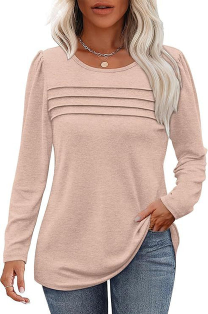 Women's Loose Round Neck Pleated Long-sleeved T-shirt