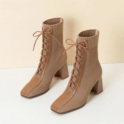 Fashion Patchwork Knitting Women's Square Toe Chunky Heel Fashion Skinny Boots