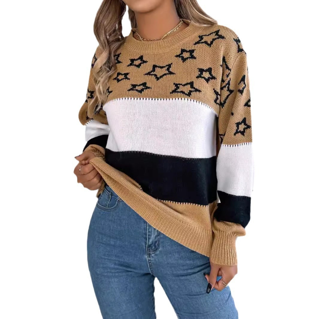 Casual Multicolor Star Hollow Lantern Sleeve Pullover Sweater