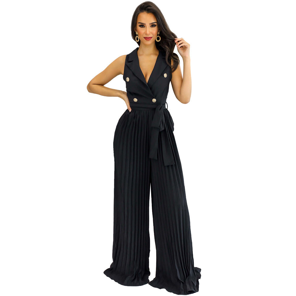 European And American Spring And Summer V-neck Sleeveless Backless Temperament Street Pleated Wide Leg Jumpsuit