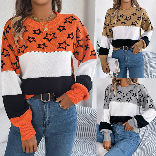 Casual Multicolor Star Hollow Lantern Sleeve Pullover Sweater