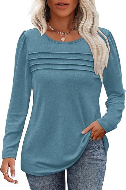 Women's Loose Round Neck Pleated Long-sleeved T-shirt