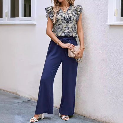 Fashionable Temperament V-neck Floral Top Belt Wide Leg Pants Suit