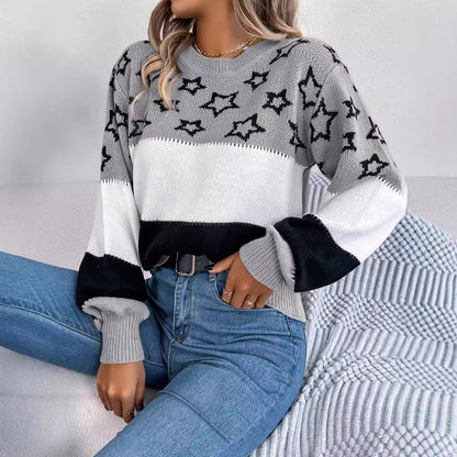 Casual Multicolor Star Hollow Lantern Sleeve Pullover Sweater