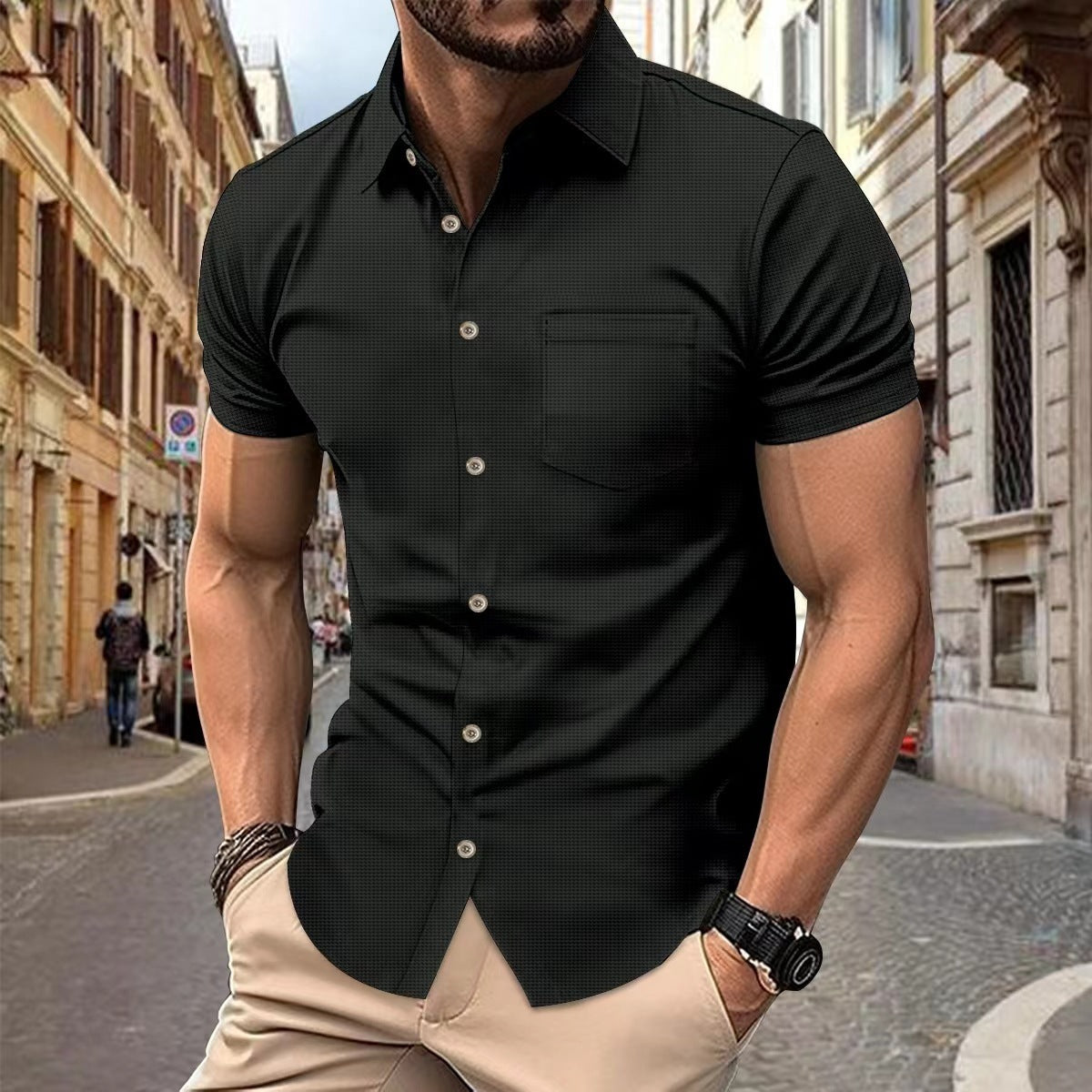 Chest Pocket Button Casual Short-sleeved Shirt