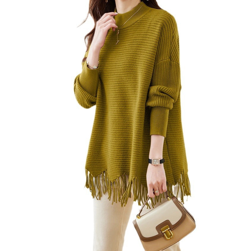 Mid-length Tassel Cape Sweater Half Turtleneck Autumn Winter Sweater